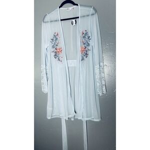 La Vie En Rose Embroidered Blue Robe With Lace Detail Size S/M